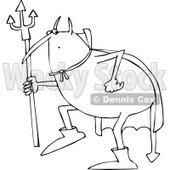 Lineart Clipart of a Cartoon Black and White Fat Devil Creeping Around and Holding a Pitchfork - Royalty Free Outline Vector Illustration © djart #1312551