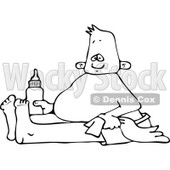 Outline Clipart of a Cartoon Black and White Baby Boy Sitting with a Blanket and Bottle - Royalty Free Lineart Vector Illustration © djart #1313790