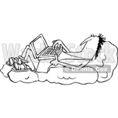 Outline Clipart of a Cartoon Black and White Chubby Caveman Reclined on Boulders and Using a Laptop Computer - Royalty Free Lineart Vector Illustration © djart #1315992