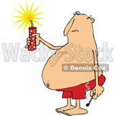 Clipart of a Cartoon Fat White Man in Swim Shorts, Holding a Firecracker and Match - Royalty Free Vector Illustration © djart #1316942