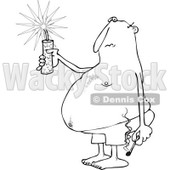 Outline Clipart of a Cartoon Black and White Fat Man in Swim Shorts, Holding a Firecracker and Match - Royalty Free Lineart Vector Illustration © djart #1316943