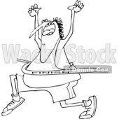 Lineart Clipart of a Cartoon Black and White Chubby Man Cheering While Breaking Through a Race Finish Line - Royalty Free Outline Vector Illustration © djart #1321111
