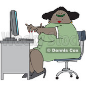 Clipart of a Cartoon Chubby Black Woman Wearing Glasses and Working at a Computer Desk - Royalty Free Vector Illustration © djart #1331425