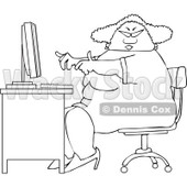 Lineart Clipart of a Cartoon Black and White Chubby African American Woman Wearing Glasses and Working at a Computer Desk - Royalty Free Outline Vector Illustration © djart #1331426
