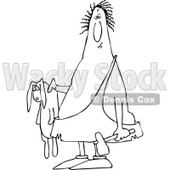 Lineart Clipart of a Cartoon Black and White Chubby Caveman Holding a Dead Rabbit and Hammer - Royalty Free Outline Vector Illustration © djart #1331836