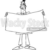 Lineart Clipart of a Cartoon Black and White Business Man Holding a Blank Sign or Banner - Royalty Free Outline Vector Illustration © djart #1331842