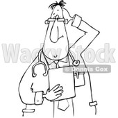 Lineart Clipart of a Cartoon Black and White Stumped Chubby Male Veterinarian or Doctor Holding a Clipboard - Royalty Free Outline Vector Illustration © djart #1334107