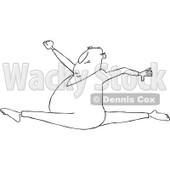 Lineart Clipart of a Cartoon Black and White Chubby Man Leaping and Doing the Splits - Royalty Free Outline Vector Illustration © djart #1334109