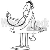 Lineart Clipart of a Cartoon Black and White Chubby Caveman Doctor Holding out a Stethoscope - Royalty Free Outline Vector Illustration © djart #1337802
