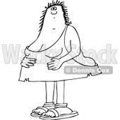 Lineart Clipart of a Cartoon Black and White Chubby Cave Woman Holding Her Stomach - Royalty Free Outline Vector Illustration © djart #1337896