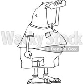 Lineart Clipart of a Cartoon Black and White Chubby Man Drinking Water from a Bottle - Royalty Free Outline Vector Illustration © djart #1340956