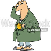 Clipart of a Cartoon Chubby White Man in His Robe, Scratching His Head and Holding a Coffee Mug - Royalty Free Vector Illustration © djart #1345516