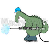 Big Green Dino in a Hard Hat and Boots Operating a Pressure Washer Clipart Illustration © djart #13465