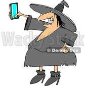 Clipart of a Cartoon Chubby Halloween Witch Taking a Selfie with a Cell Phone - Royalty Free Vector Illustration © djart #1347289