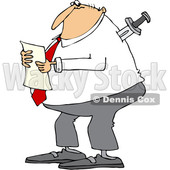 Clipart of a Cartoon Chubby Caucasian Businessman Reading a Document, with a Knife in His Back - Royalty Free Vector Illustration © djart #1350362