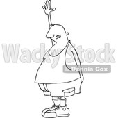 Outline Clipart of a Cartoon Black and White Chubby Man Raising His Hand, Needing to Go to the Bathroom - Royalty Free Lineart Vector Illustration © djart #1352131
