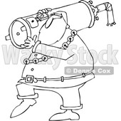 Outline Clipart of a Cartoon Black and White Christmas Santa Carrying a Water Heater - Royalty Free Lineart Vector Illustration © djart #1353047