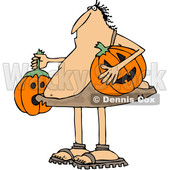 Clipart of a Cartoon Caveman Holding Halloween Jackolantern Pumpkins - Royalty Free Vector Illustration © djart #1353049