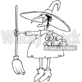 Outline Clipart of a Cartoon Black and White Chubby Warty Halloween Witch Holding a Broom and Cat - Royalty Free Lineart Vector Illustration © djart #1355326