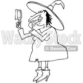Lineart Clipart of a Cartoon Black and White Chubby Halloween Witch Applying Lipstick - Royalty Free Outline Vector Illustration © djart #1356161
