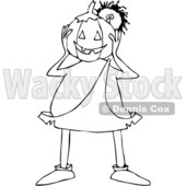 Clipart of a Cartoon Black and White Caveman Holding a Halloween Jackolantern Pumpkin in Front of His Face - Royalty Free Vector Illustration © djart #1356754