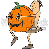 Clipart of a Cartoon Caveman Carrying a Large Halloween Jackolantern Pumpkin - Royalty Free Vector Illustration © djart #1356755