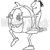 Clipart of a Cartoon Black and White Caveman Carrying a Large Halloween Jackolantern Pumpkin - Royalty Free Vector Illustration © djart #1356756