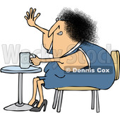 Clipart of a Cartoon Chubby White Woman Sitting with Coffee at a Table and Waving - Royalty Free Vector Illustration © djart #1358353
