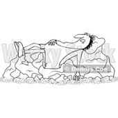 Clipart of a Cartoon Black and White Chubby Caveman Sleeping on Boulders - Royalty Free Vector Illustration © djart #1358358
