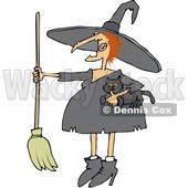 Clipart of a Cartoon Red Haired Chubby Witch Holding a Cat and a Broomstick - Royalty Free Vector Illustration © djart #1359740