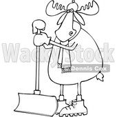 Clipart of a Cartoon Black and White Moose Wearing a Hat and Scarf and Standing with a Snow Shovel - Royalty Free Vector Illustration © djart #1360933