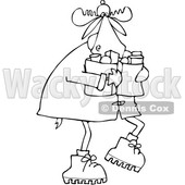 Clipart of a Cartoon Black and White Lineart Winter Moose Carrying Groceries - Royalty Free Vector Illustration © djart #1361448