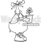 Clipart of a Cartoon Black and White Lineart Moose Gardener Holding a Potted Flower - Royalty Free Vector Illustration © djart #1361449
