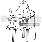 Clipart of a Cartoon Black and White Baby Sitting in a High Chair and Holding Spoons - Royalty Free Vector Illustration © djart #1361685