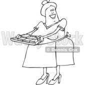 Clipart of a Cartoon Black and White Happy Chubby Senior Woman Holding a Tray of Fresly Baked Brownies - Royalty Free Vector Illustration © djart #1363053