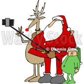Clipart of a Cartoon Christmas Santa Claus, Elf, and Rudolph the Red Nosed Reindeer Taking a Picture with a Smart Phone and Selfie Stick - Royalty Free Vector Illustration © djart #1366743