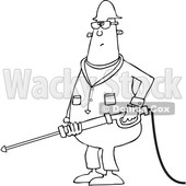 Clipart of a Cartoon Black and White Chubby Male Worker Pressure Washing - Royalty Free Vector Illustration © djart #1370951