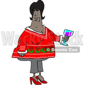Clipart of a Cartoon Chubby Black Woman Holding a Glass of Wine and Wearing an Ugly Christmas Sweater at a Party - Royalty Free Vector Illustration © djart #1371204