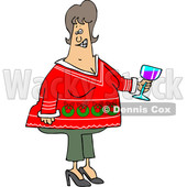 Clipart of a Cartoon Chubby White Woman Holding a Glass of Wine and Wearing an Ugly Christmas Sweater at a Party - Royalty Free Vector Illustration © djart #1371205