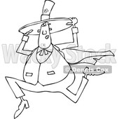 Clipart of a Cartoon Black and White Lineart Chubby St Patricks Day Leprechaun Holding His Hat and Running - Royalty Free Vector Illustration © djart #1381477