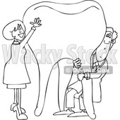 Clipart of a Cartoon Black and White Lineart Male and Female Dentist Holding up a Giant Tooth - Royalty Free Vector Illustration © djart #1396926