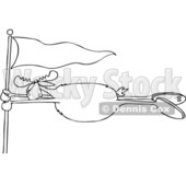 Cartoon Clipart of a Black and White Lineart Moose Holding onto a Flag Post in a Wind Storm - Royalty Free Vector Illustration © djart #1400178