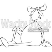Clipart of a Cartoon Black and White Lineart Moose Sitting on the Ground with One Leg up - Royalty Free Vector Illustration © djart #1403463