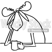 Clipart of a Cartoon Black and White Lineart Depressed or Tired Moose Sitting with a Cup of Coffee - Royalty Free Vector Illustration © djart #1407274
