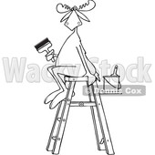 Clipart of a Cartoon Black and White Lineart Painter Moose Sitting on a Ladder and Holding a Brush - Royalty Free Vector Illustration © djart #1407275