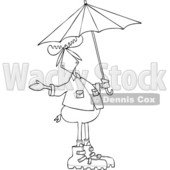 Clipart of a Cartoon Black and White Lineart Moose in Rain Gear, Holding an Umbrella - Royalty Free Vector Illustration © djart #1407277