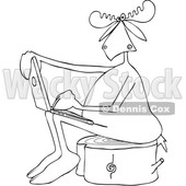 Clipart of a Cartoon Black and White Moose Sitting on a Tree Stump and Using a Laptop - Royalty Free Vector Illustration © djart #1413987