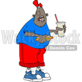 Clipart of a Cartoon African American Man Shouting over His Shoulder and Holding a Fountain Soda and Hot Dog - Royalty Free Vector Illustration © djart #1416178
