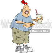 Clipart of a Cartoon Caucasian Man Shouting over His Shoulder and Holding a Fountain Soda and Hot Dog - Royalty Free Vector Illustration © djart #1416180