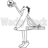 Clipart of a Cartoon Black and White Lineart Caveman Standing on His Tip Toes and Putting a Battery in a Smoke Detector - Royalty Free Vector Illustration © djart #1418870